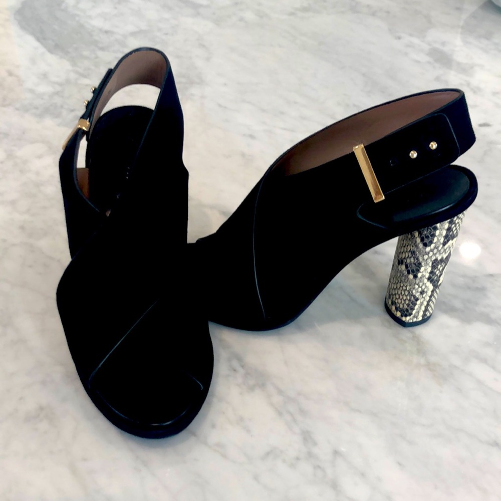 BCBG Max Azaria black suede and snakeskin sandal